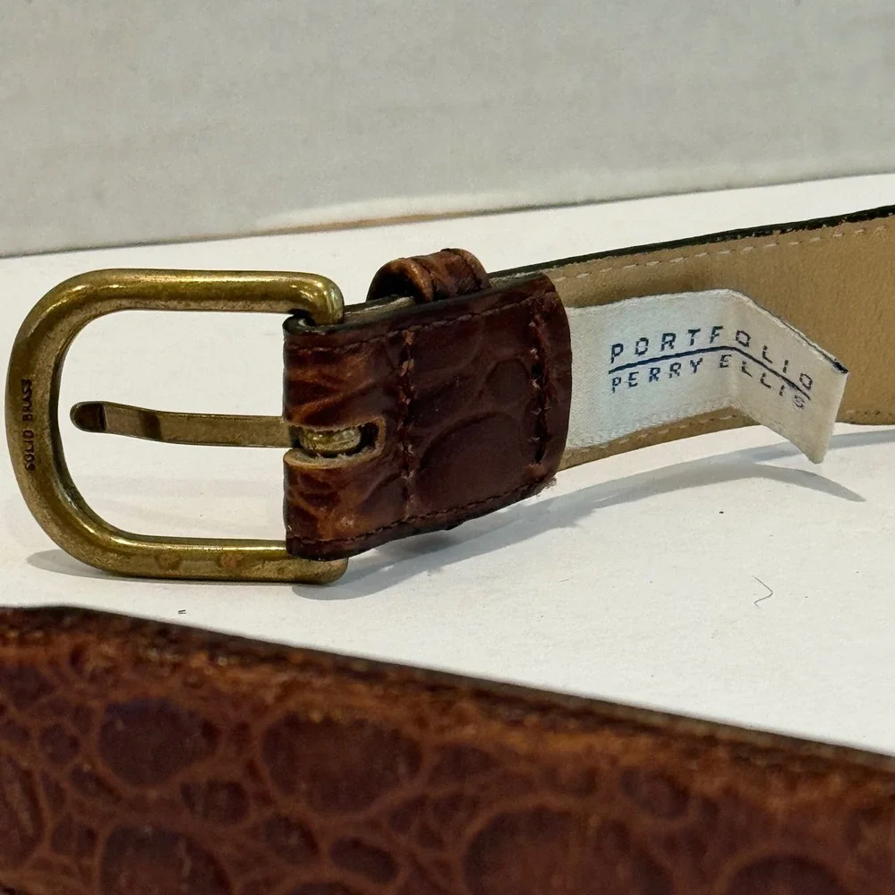 Portfolio Perry Ellis Belt Sz 36 Brown Croc Embossed Leather Solid Brass Western
